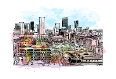 Johannesburg manzaralı Print Building, Güney Afrika 'da bir şehirdir. Vektörde elle çizilmiş resim ile suluboya sıçraması.