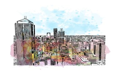 Johannesburg manzaralı Print Building, Güney Afrika 'da bir şehirdir. Vektörde elle çizilmiş resim ile suluboya sıçraması.