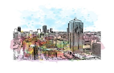 Johannesburg manzaralı Print Building, Güney Afrika 'da bir şehirdir. Vektörde elle çizilmiş resim ile suluboya sıçraması.