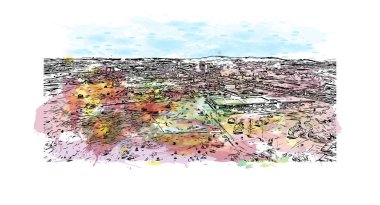 Johannesburg manzaralı Print Building, Güney Afrika 'da bir şehirdir. Vektörde elle çizilmiş resim ile suluboya sıçraması.