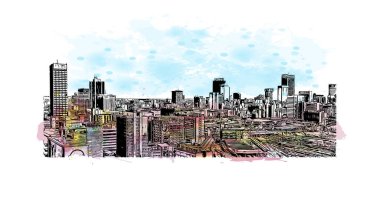 Johannesburg manzaralı Print Building, Güney Afrika 'da bir şehirdir. Vektörde elle çizilmiş resim ile suluboya sıçraması.