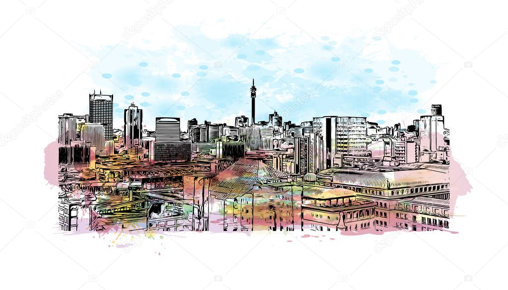 Print  Building view with landmark of Johannesburg is the city in South Africa. Watercolor splash with hand drawn sketch illustration in vector.