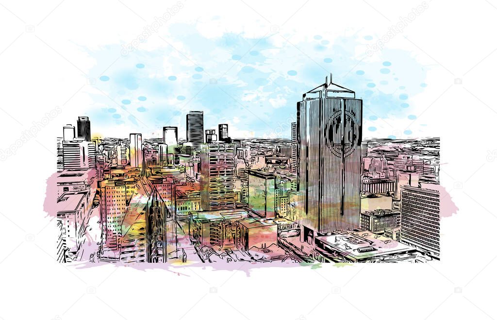 Print Building view with landmark of Johannesburg is the city in South Africa. Watercolor splash with hand drawn sketch illustration in vector.