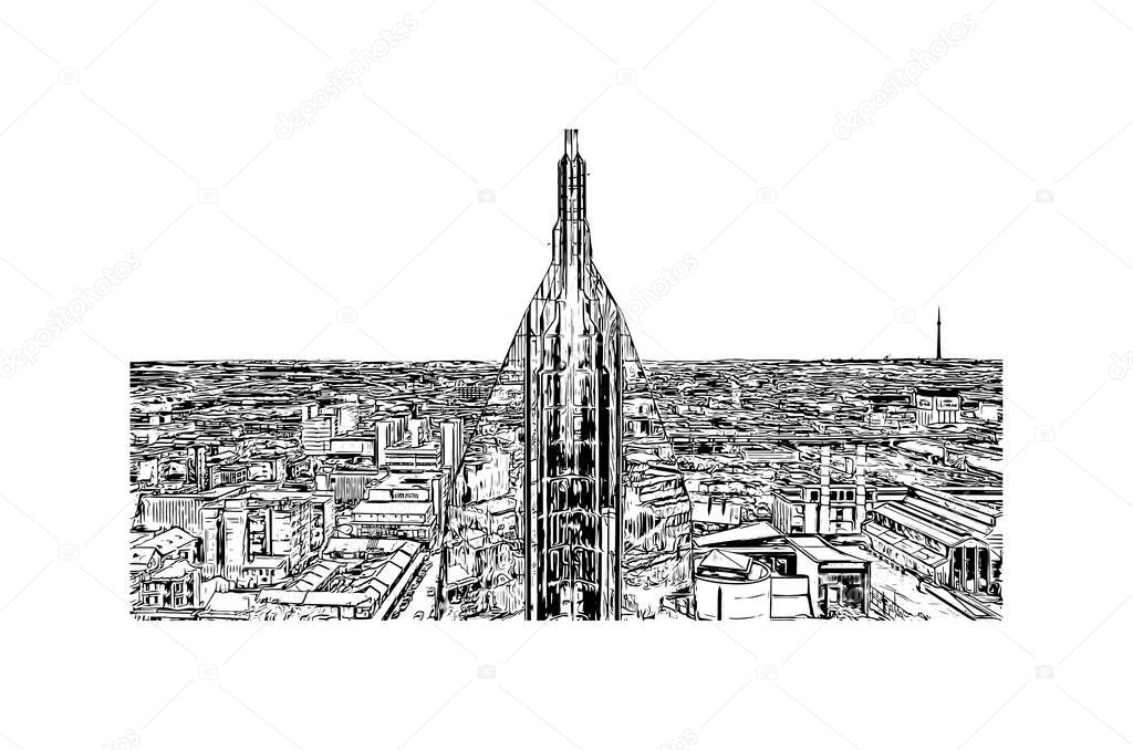 Print Building view with landmark of Johannesburg is the city in South Africa. Hand drawn sketch illustration in vector.