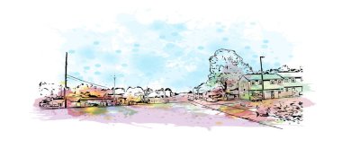 Jonesboro 'nun simgesi olan Print Building View Arkansas' ta bulunmaktadır. Vektörde elle çizilmiş resim ile suluboya sıçraması.