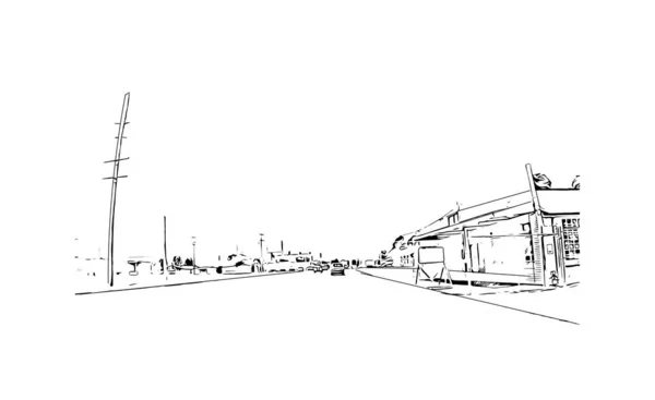 阿肯色州的一个城市是带有Jonesboro地标的印刷厂 矢量手绘草图 — 图库矢量图片