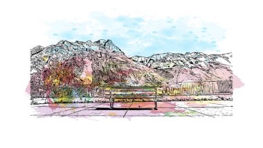 İsviçre 'de yapılan zirvede Jungfrau' nun simgesi olan Print Building view yer almaktadır. Vektörde elle çizilmiş resim ile suluboya sıçraması.