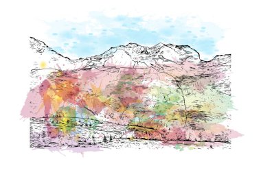 İsviçre 'de yapılan zirvede Jungfrau' nun simgesi olan Print Building view yer almaktadır. Vektörde elle çizilmiş resim ile suluboya sıçraması.