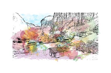 İsviçre 'de yapılan zirvede Jungfrau' nun simgesi olan Print Building view yer almaktadır. Vektörde elle çizilmiş resim ile suluboya sıçraması.