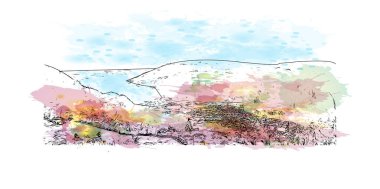 İsviçre 'de yapılan zirvede Jungfrau' nun simgesi olan Print Building view yer almaktadır. Vektörde elle çizilmiş resim ile suluboya sıçraması.