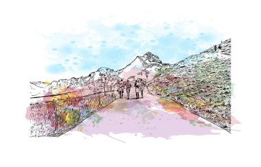 İsviçre 'de yapılan zirvede Jungfrau' nun simgesi olan Print Building view yer almaktadır. Vektörde elle çizilmiş resim ile suluboya sıçraması.