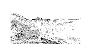 İsviçre 'de yapılan zirvede Jungfrau' nun simgesi olan Print Building view yer almaktadır. Vektörde elle çizilmiş çizim çizimi.