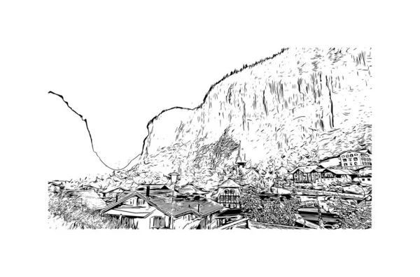 Tisk Pohled Budovu Orientačním Bodem Jungfrau Vrcholnou Schůzkou Švýcarsku Ručně — Stockový vektor