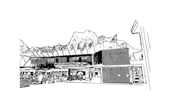 Imprimir Vista Del Edificio Con Hito Jungfrau Cumbre Suiza Dibujo — Vector de stock