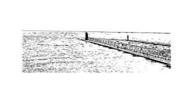 Print Building view with landmark of Kalamazoo Güney Michigan 'da bir şehirdir. Vektörde elle çizilmiş çizim çizimi.