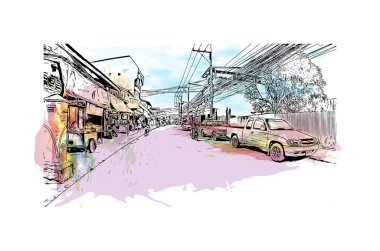 Kanchanaburi, Tayland 'da yer alan bir şehirdir. Vektörde elle çizilmiş resim ile suluboya sıçraması.