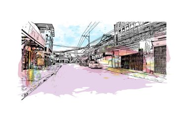 Kanchanaburi, Tayland 'da yer alan bir şehirdir. Vektörde elle çizilmiş resim ile suluboya sıçraması.