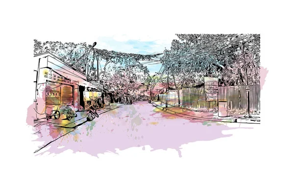 Print Building View Landmark Kanchanaburi Staden Thailand Akvarell Stänk Med — Stock vektor