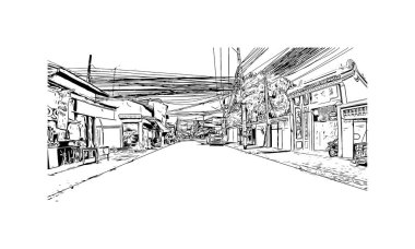 Kanchanaburi, Tayland 'da yer alan bir şehirdir. Vektörde elle çizilmiş çizim çizimi.