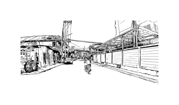 Print Building View Landmark Kanchanaburi Staden Thailand Handritad Skiss Illustration — Stock vektor