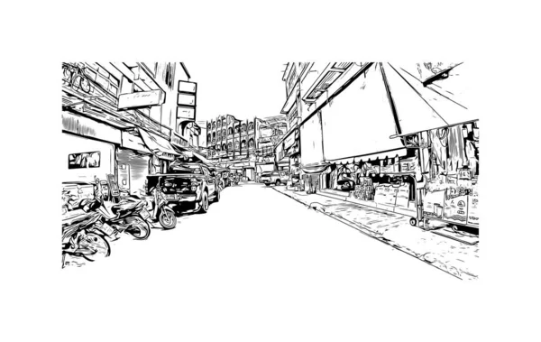 Imprimer Vue Sur Bâtiment Avec Point Repère Kanchanaburi Est Ville — Image vectorielle