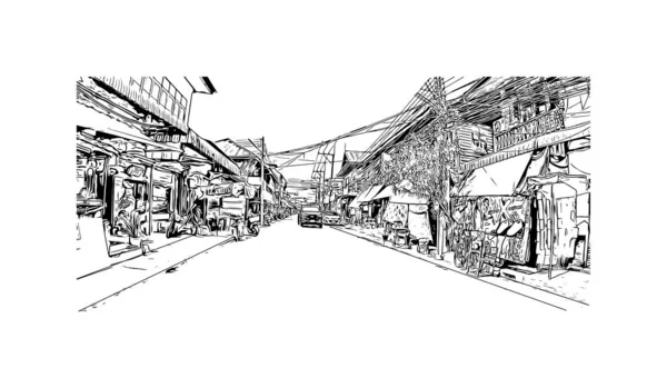 印刷カンチャナブリのランドマークと建物のビューは タイの町です 手描きのスケッチ図ベクトル — ストックベクタ