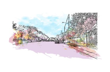 Jüpiter 'in simgesi olan Print Building View, Florida' daki bir kasabadır. Vektörde elle çizilmiş resim ile suluboya sıçraması.