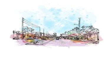 Jüpiter 'in simgesi olan Print Building View, Florida' daki bir kasabadır. Vektörde elle çizilmiş resim ile suluboya sıçraması.