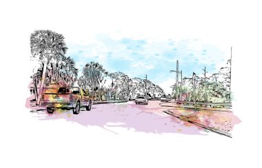 Jüpiter 'in simgesi olan Print Building View, Florida' daki bir kasabadır. Vektörde elle çizilmiş resim ile suluboya sıçraması.