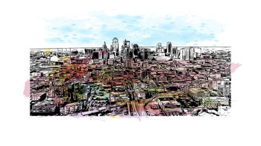 Kansas 'ın simgesi olan Print Building View Missouri' de bulunmaktadır. Vektörde elle çizilmiş resim ile suluboya sıçraması.