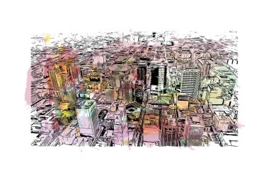 Kansas 'ın simgesi olan Print Building View Missouri' de bulunmaktadır. Vektörde elle çizilmiş resim ile suluboya sıçraması.