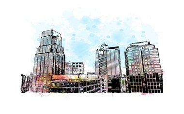 Kansas 'ın simgesi olan Print Building View Missouri' de bulunmaktadır. Vektörde elle çizilmiş resim ile suluboya sıçraması.