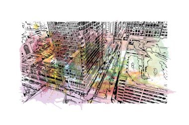 Kansas 'ın simgesi olan Print Building View Missouri' de bulunmaktadır. Vektörde elle çizilmiş resim ile suluboya sıçraması.