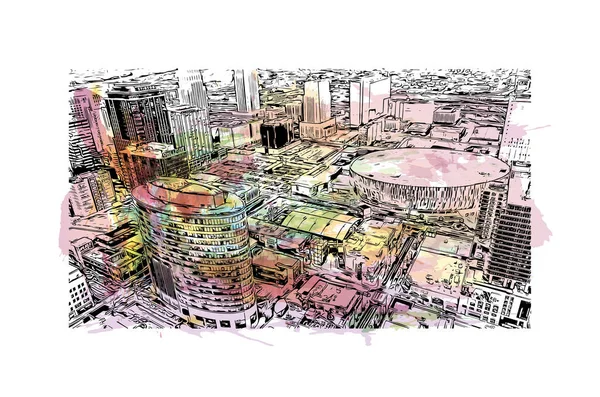 Kansas 'ın simgesi olan Print Building View Missouri' de bulunmaktadır. Vektörde elle çizilmiş resim ile suluboya sıçraması.