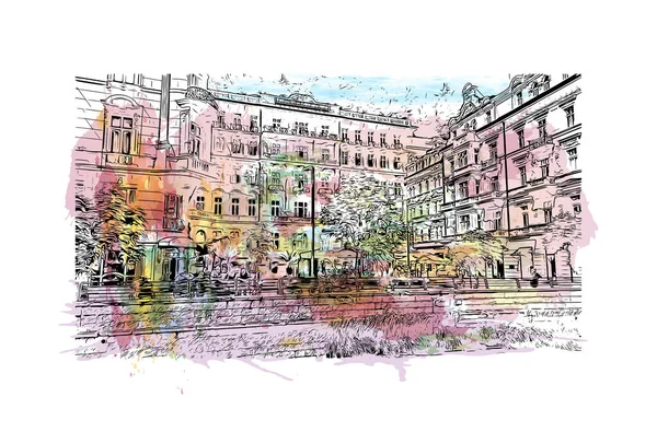 Print Building View Landmark Karlovy Vary City Czech Republic Watercolor — Stock Vector