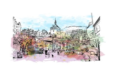 Print Building view with landmark of Karlovy Vary, Çek Cumhuriyeti 'nin başkentidir. Vektörde elle çizilmiş resim ile suluboya sıçraması.