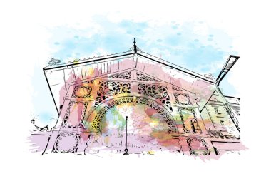 Print Building view with landmark of Karlovy Vary, Çek Cumhuriyeti 'nin başkentidir. Vektörde elle çizilmiş resim ile suluboya sıçraması.