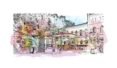 Print Building view with landmark of Karlovy Vary, Çek Cumhuriyeti 'nin başkentidir. Vektörde elle çizilmiş resim ile suluboya sıçraması.