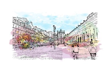 Print Building view with landmark of Karlovy Vary, Çek Cumhuriyeti 'nin başkentidir. Vektörde elle çizilmiş resim ile suluboya sıçraması.