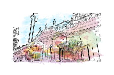 Print Building view with landmark of Karlovy Vary, Çek Cumhuriyeti 'nin başkentidir. Vektörde elle çizilmiş resim ile suluboya sıçraması.