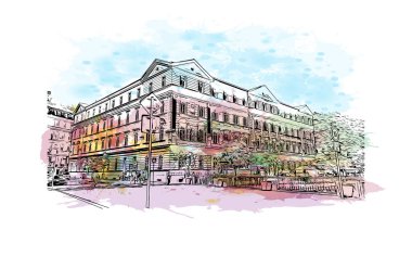Print Building view with landmark of Karlovy Vary, Çek Cumhuriyeti 'nin başkentidir. Vektörde elle çizilmiş resim ile suluboya sıçraması.