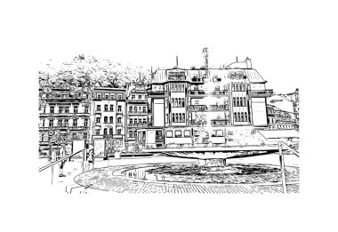 Print Building view with landmark of Karlovy Vary, Çek Cumhuriyeti 'nin başkentidir. Vektörde elle çizilmiş çizim çizimi.