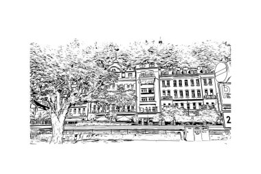 Print Building view with landmark of Karlovy Vary, Çek Cumhuriyeti 'nin başkentidir. Vektörde elle çizilmiş çizim çizimi.