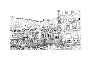 Print Building view with landmark of Karlovy Vary, Çek Cumhuriyeti 'nin başkentidir. Vektörde elle çizilmiş çizim çizimi.