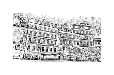 Print Building view with landmark of Karlovy Vary, Çek Cumhuriyeti 'nin başkentidir. Vektörde elle çizilmiş çizim çizimi.