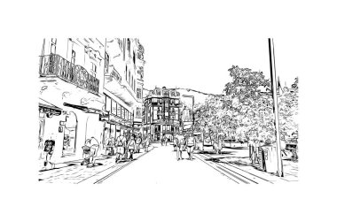 Print Building view with landmark of Karlovy Vary, Çek Cumhuriyeti 'nin başkentidir. Vektörde elle çizilmiş çizim çizimi.