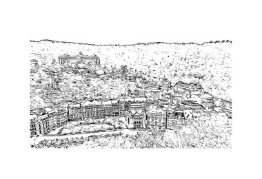 Print Building view with landmark of Karlovy Vary, Çek Cumhuriyeti 'nin başkentidir. Vektörde elle çizilmiş çizim çizimi.