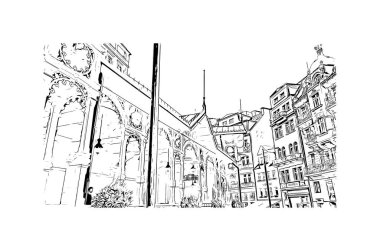Print Building view with landmark of Karlovy Vary, Çek Cumhuriyeti 'nin başkentidir. Vektörde elle çizilmiş çizim çizimi.