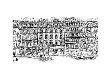 Print Building view with landmark of Karlovy Vary, Çek Cumhuriyeti 'nin başkentidir. Vektörde elle çizilmiş çizim çizimi.