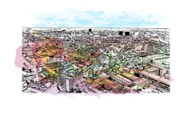 Print Building view with landmark of Karlsruhe is the city of Germany. Vektörde elle çizilmiş resim ile suluboya sıçraması.